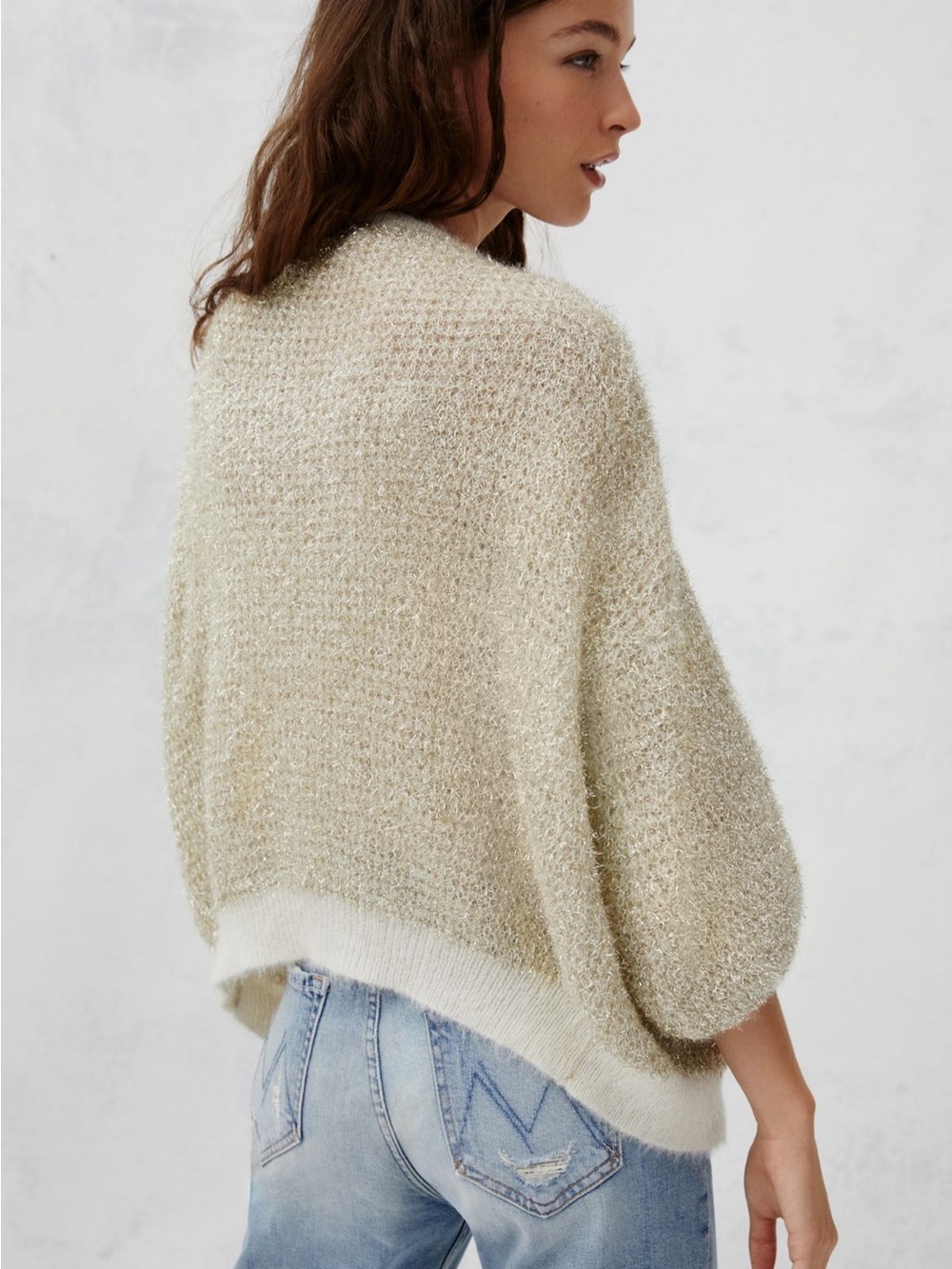 Anthropologie Metallic Cream Textured Knit Scoop-Neck Sweater